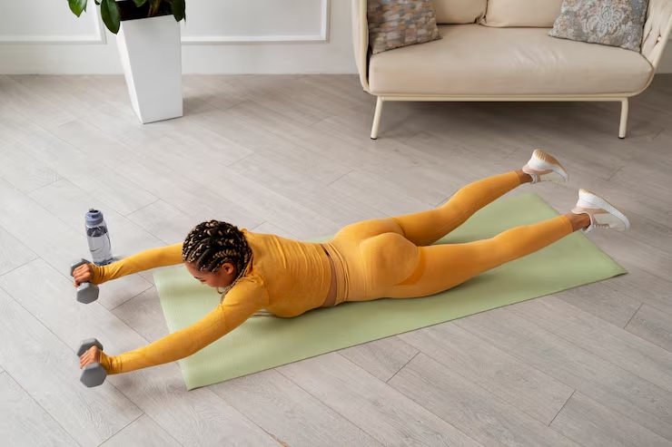 Mulher executando exercício Superman com halteres sobre tapete verde em ambiente doméstico, vestindo conjunto fitness amarelo.
