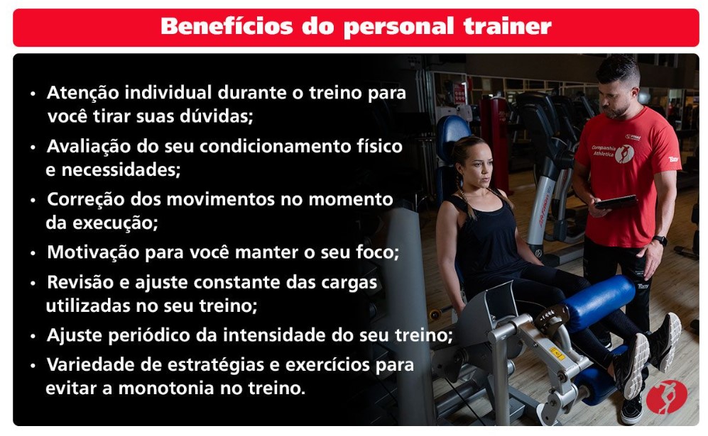 Benefícios do personal trainer
Atenção individual durante o treino para você tirar suas dúvidas;
Avaliação do seu condicionamento físico e necessidades;
Correção dos movimentos no momento da execução;
Motivação para você manter o seu foco;
Revisão e ajuste constante das cargas utilizadas no seu treino;
Ajuste periódico da intensidade do seu treino;
