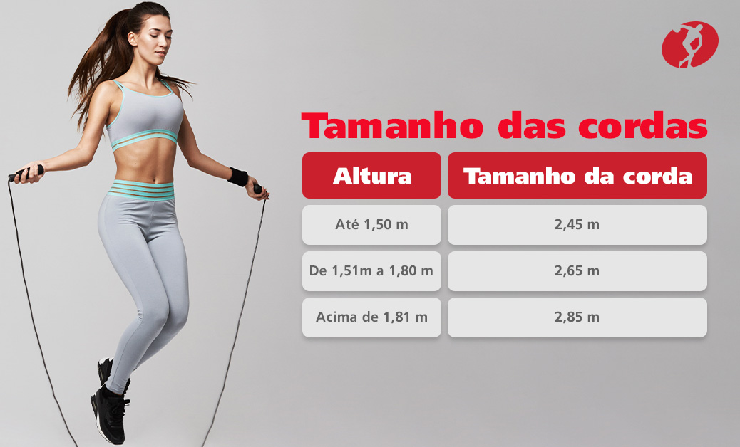 Tamanho das cordas:

Altura x tamanho da corda

Até 1,50 m = 2,45 m;

De 1,51 a 1,80 m = 2,65 m;

Acima de 1,81 m = 2,85 m. 