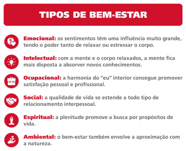 A imagem apresenta um infográfico com o título "TIPOS DE BEM-ESTAR" em letras guardadas na parte superior dentro de um retângulo de cor vermelha. Abaixo do título, há seis categorias separadas de bem-estar, cada uma com um ícone correspondente à esquerda do texto e uma breve descrição do tipo de bem-estar. As categorias são convidadas como:


Emocional: Representado por um ícone de um coração com uma espécie de onda, a descrição diz que os sentimentos têm uma grande influência, podendo relaxar ou estressar o corpo.
Intelectual: O ícone é uma lâmpada e o texto explica que, com a mente e o corpo relaxados, a mente fica mais disposta a absorver novos conhecimentos.
Ocupacional: O ícone mostra uma maleta de trabalho e a descrição sugere que a harmonia do "eu" interior pode promover satisfação pessoal e profissional.
Social: O ícone mostra duas mãos se cumprimentando e o texto relata que a qualidade de vida se estende a todo tipo de relacionamento interpessoal.
Espiritual: Representado por um ícone de uma chama, indica que a plenitude promove a busca por propósitos de vida.
Ambiental: O último ícone mostra uma árvore e a descrição menciona que o bem-estar também envolve a proximidade com a natureza.

Os ícones e o texto estão dispostos sobre um fundo branco, e as cores predominantes no design são o vermelho dos ícones e das barras de título, e o cinza escuro do texto. A tipografia é em negrito e clara, facilitando a leitura.