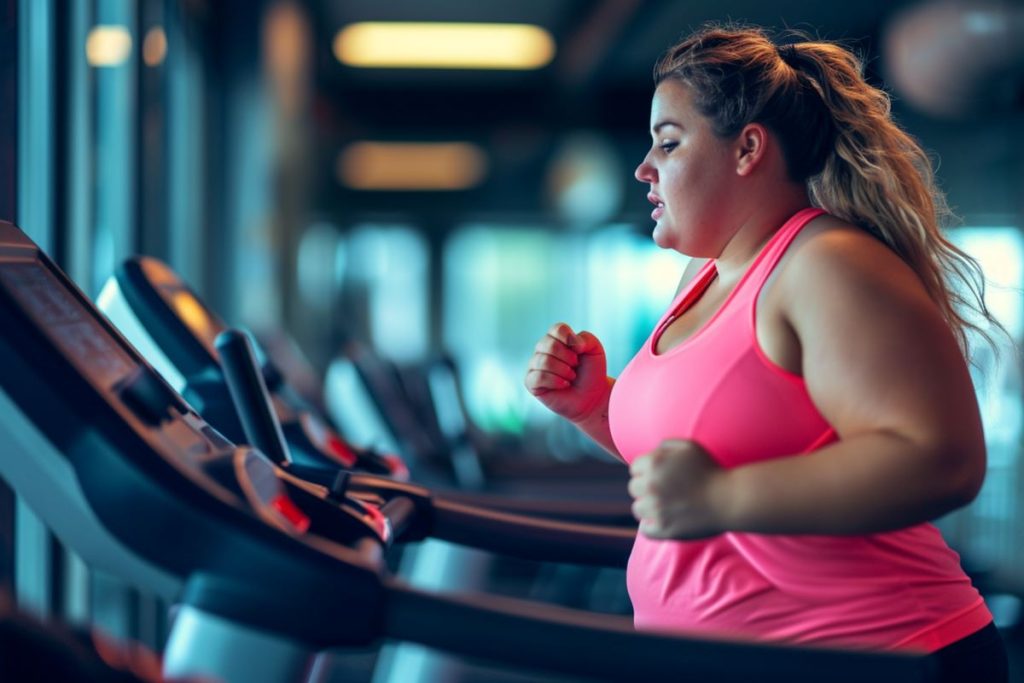 Qual é o melhor exercício para emagrecer? Mulher acima do peso faz corrida na esteira.