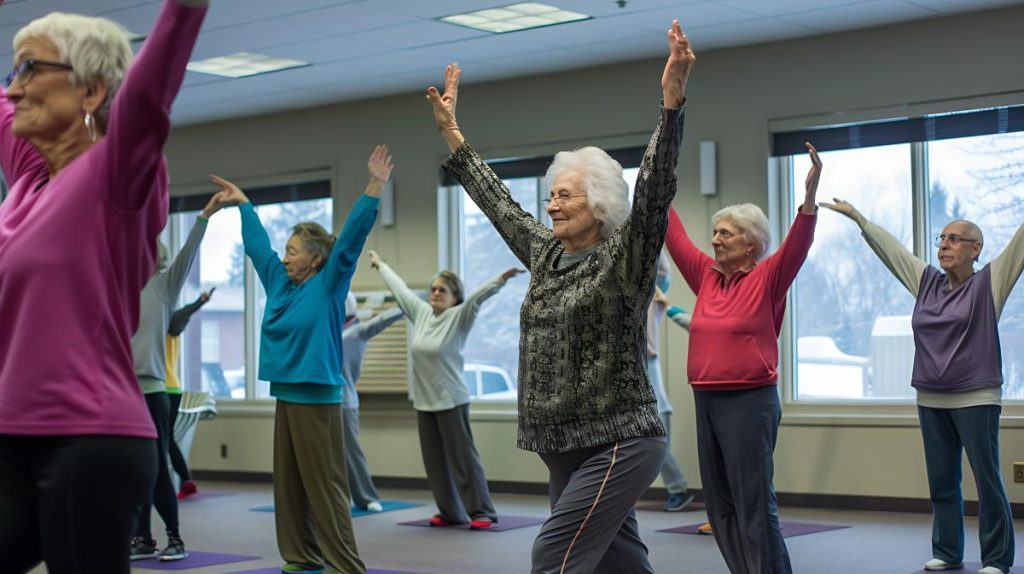 grupo de mulheres idosas participando de uma aula de dança em um ambiente interno.