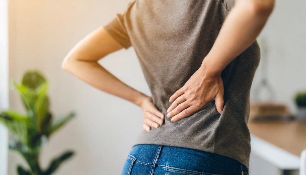 uma pessoa de costas, vestindo uma camiseta cinza e jeans, segurando a parte inferior das costas com as mãos, sugerindo desconforto ou dor na região lombar.