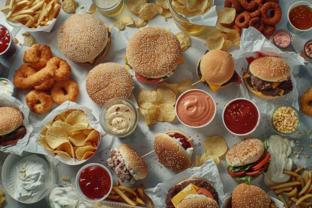 uma grande variedade de alimentos altamente calóricos e ricos em gorduras, como hambúrgueres, batatas fritas, onion rings, molhos cremosos, salgadinhos e refrigerantes.