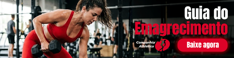 Banner da Companhia Athletica mostra mulher realizando remada com halter em academia ao lado da chamada “Guia do Emagrecimento”, incentivando o acesso a um material sobre musculação para emagrecer com saúde e reduzir gordura corporal.