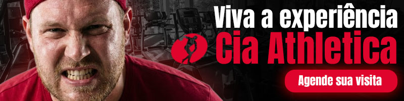 Banner da Cia Athletica com homem em roupa esportiva vermelha demonstrando esforço em uma academia, acompanhado da chamada “Viva a experiência Cia Athletica” e botão “Agende sua visita”.